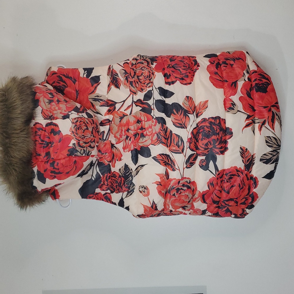 Offline By Aerie Floral Puffer Vest Size Med Faux Fur Trim Hood - Picture 8 of 12
